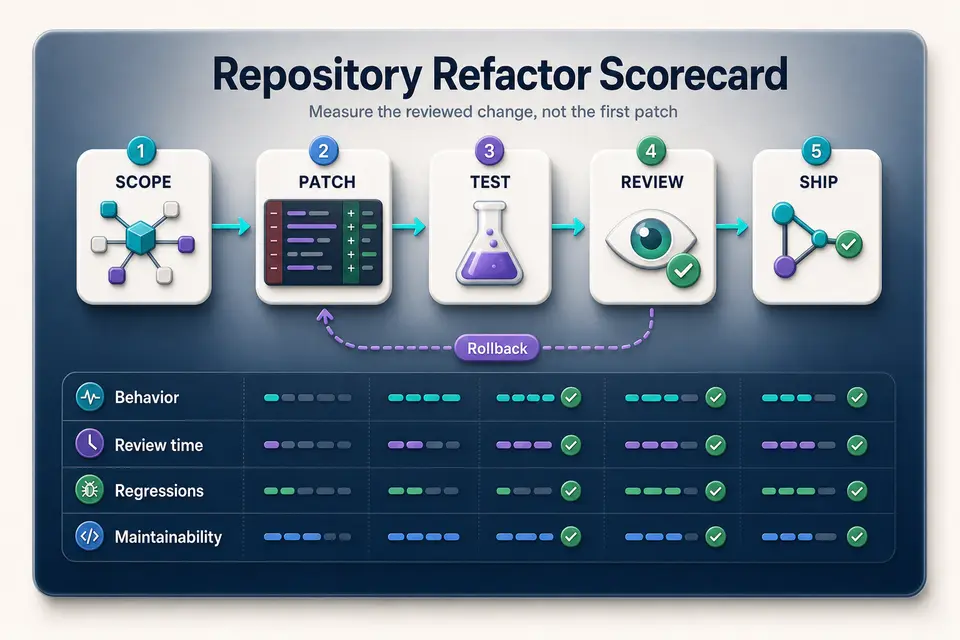 Repository refactor scorecard covering scope, patch, tests, review, shipping, and rollback