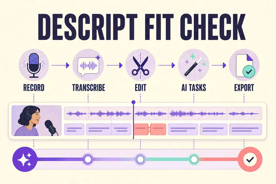 Descript workload diagram showing media minutes and AI credits consumed by one recording-to-export project