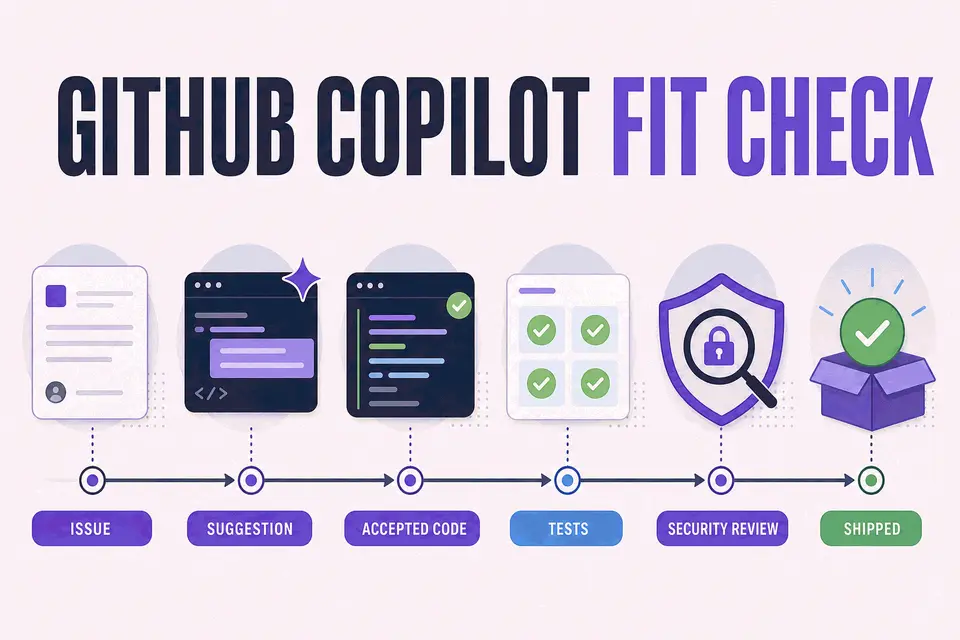 GitHub Copilot delivery pipeline from an issue through suggestions, accepted code, tests, security and license review, and a shipped change