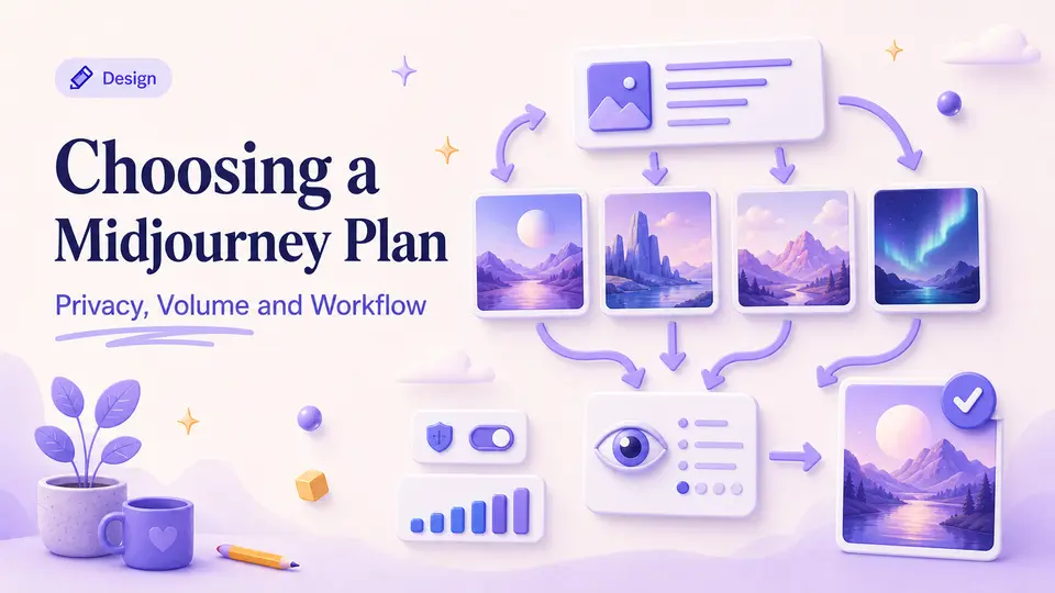 Midjourney plan-selection workflow covering privacy, volume, and review