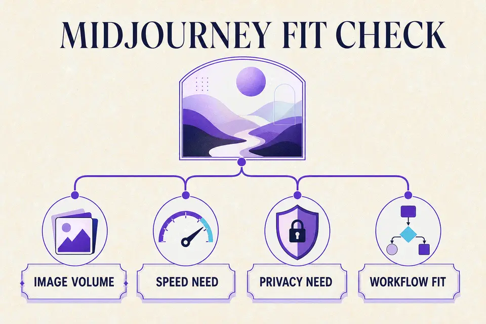 Midjourney tier decision tree based on generation volume, processing speed, concurrency, privacy, and video needs