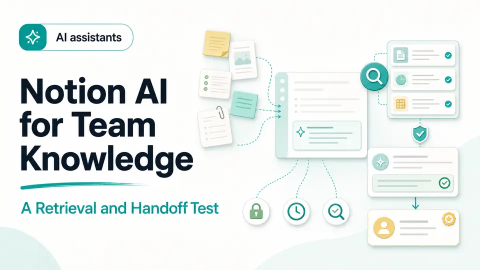Notion AI team-knowledge workflow from scattered notes through retrieved sources, verification, and handoff