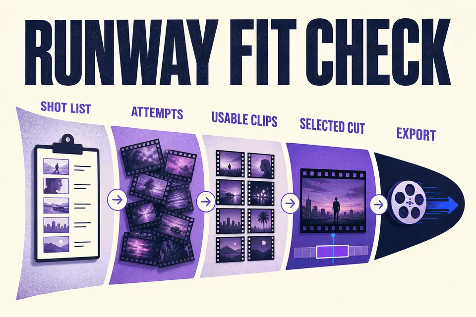 Runway production funnel from a shot list through generation attempts, usable clips, the selected cut, and final export