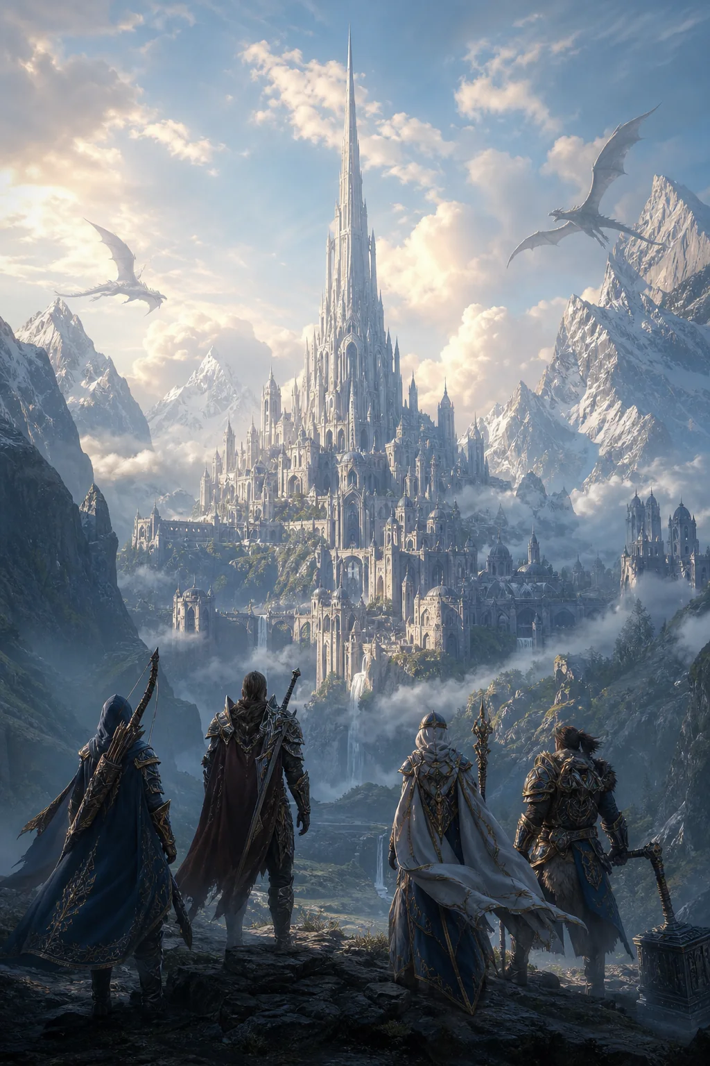 Four fictional fantasy adventurers overlooking a luminous mountain citadel with dragons in the sky. Featured citadel view.